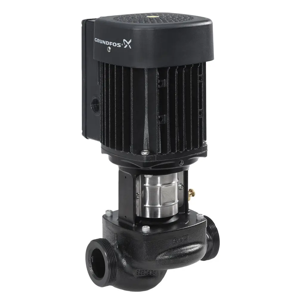 Grundfos Inlinepumpe mit einem schwarzen Gehäuse, seitlichem Anschluss und einem integrierten Motor für die Wasserförderung in hydraulischen Systemen.